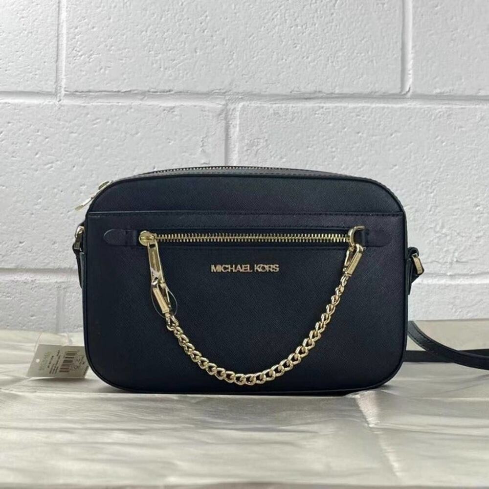 Michael Kors Jet Set Item 35S1GTTC7L LG Zip Chain MK Leather Crossbody Bag Black
